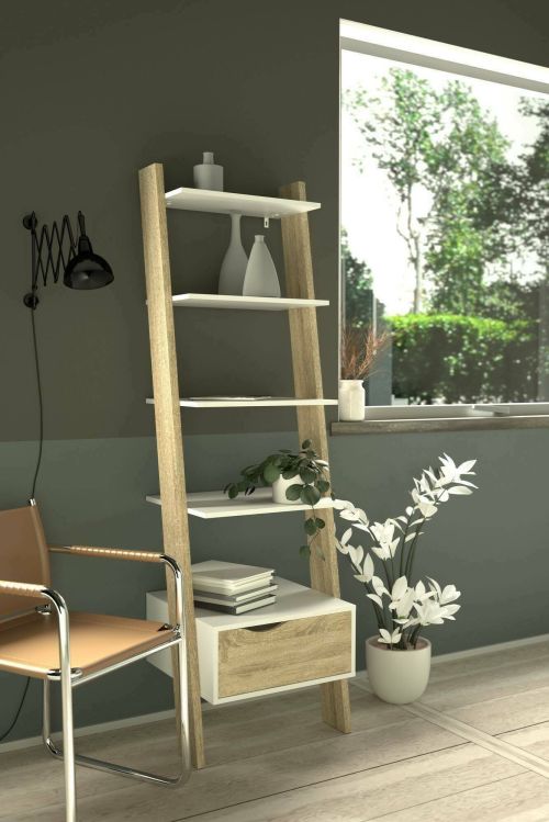 Libreria Angeline, Scaffale da ufficio, Mobile portalibri, Biblioteca, 55x48 h180 cm, Bianco e Quercia
