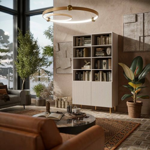 Libreria Beige Cashmere oro un Ripiano Piedini oro 100x42x177h cm, 2 Ante - Maierato