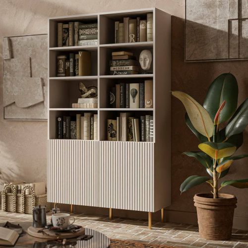 Libreria Beige Cashmere oro un Ripiano Piedini oro 100x42x177h cm, 2 Ante - Maierato