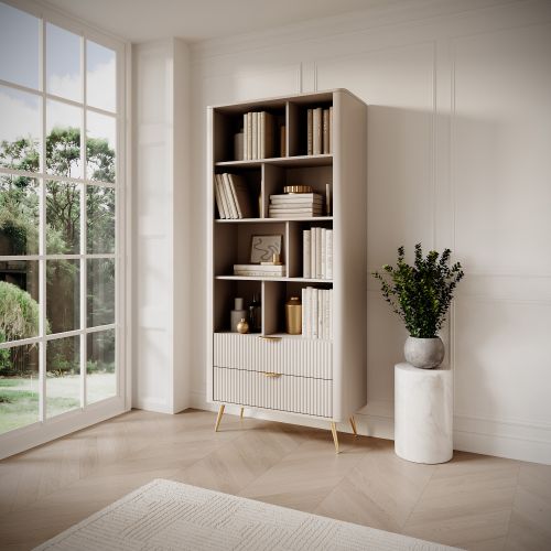 Libreria Beige oro 2 Cassetti 4 Ripiani 88x38x194h cm, con Piedini - Kabavasi
