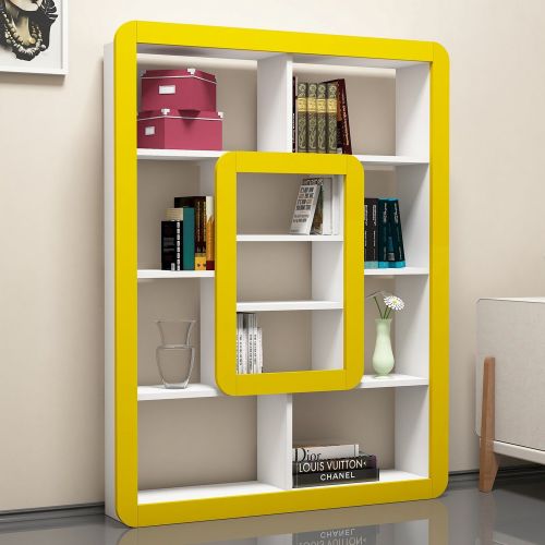 Libreria Bianco Giallo 8 Ripiani Installazione Libera 108x22x140h cm, Struttura Verticale - Caltrano