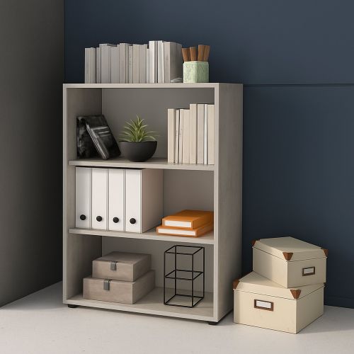 Libreria Bianco Grigio Cemento 4 Ripiani Installazione a Terra 79x34x118h cm, Sfumatura Colore Struttura Cemento - Leporano