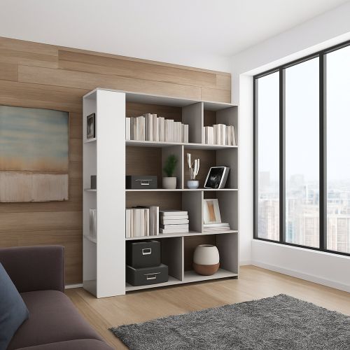 Libreria Bianco Grigio Cemento 6 Ripiani Installazione a Terra 129x33x174h cm, Colore Struttura Grigio - Oro