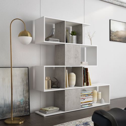 Libreria Bianco Grigio Cemento 9 Ripiani Installazione a Terra 93x28x142h cm, Sfumatura Colore Struttura Cemento - Budrio