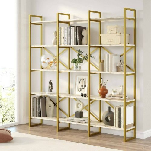 Libreria Bianco Marmo oro 5 Ripiani Installazione a Terra 170x30x175h cm, Materiale Struttura in Metallo - Gauro