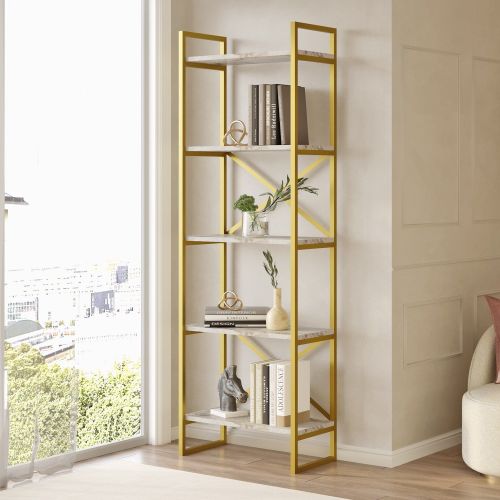 Libreria Bianco Marmo oro 5 Ripiani Installazione Libera 58x30x175h cm, Utilizzabile Come Divisorio Locale - Trecenta