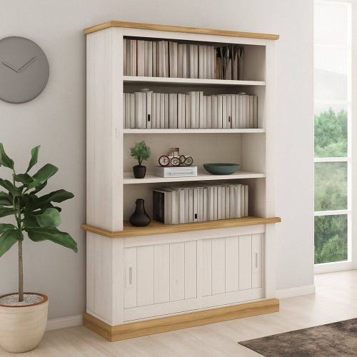 Libreria Bianco Marrone 3 Ripiani 2 Ante 122x40x203h cm, Installazione a Terra - Evandro