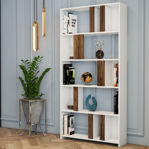 Libreria Bianco Marrone Noce 4 Ripiani Installazione Libera 90x20x180h cm, Sfumatura Colore Struttura Noce - Tribogna