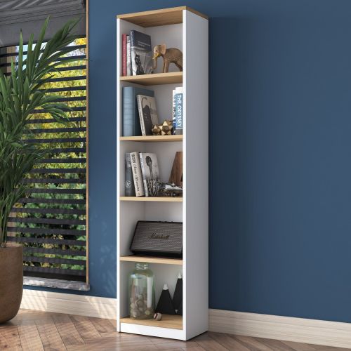 Libreria Bianco Marrone Rovere 4 Ripiani Installazione Libera 40x25x162h cm, Sfumatura Colore Struttura Rovere - Clitunno