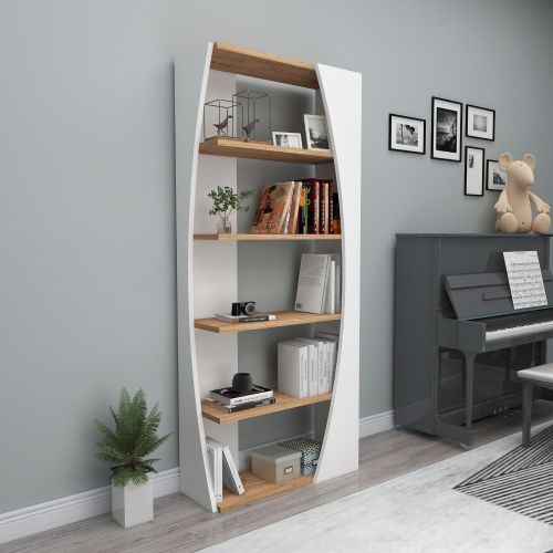 Libreria Bianco Marrone Rovere 4 Ripiani Installazione Libera 64x24x150h cm, Sfumatura Colore Struttura Rovere - Equo