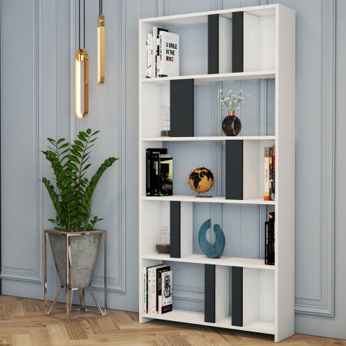 Libreria Bianco Nero Antracite 4 Ripiani Installazione Libera 90x20x180h cm, Sfumatura Colore Struttura Antracite - Tribogna