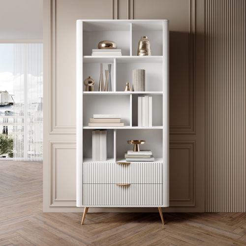 Libreria Bianco oro 2 Cassetti 4 Ripiani 88x38x194h cm, con Piedini - Kabavasi