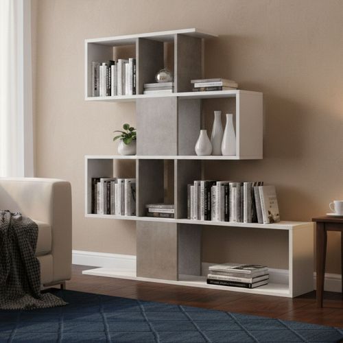 Libreria bifacciale bianca e cemento 145x145h cm - Allison