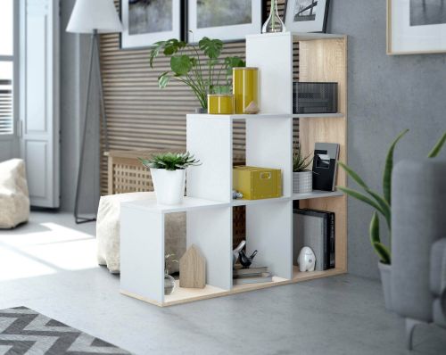 Libreria Cincinnati, Mobile portalibri bifacciale con 6 scomparti, Scaffale divisorio da ufficio, 108x28h110 cm, Bianco e Rovere