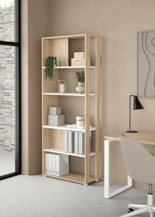 Libreria Colette, Scaffale da ufficio, Mobile portalibri, Biblioteca, 34x80 h205 cm, Rovere e Bianco