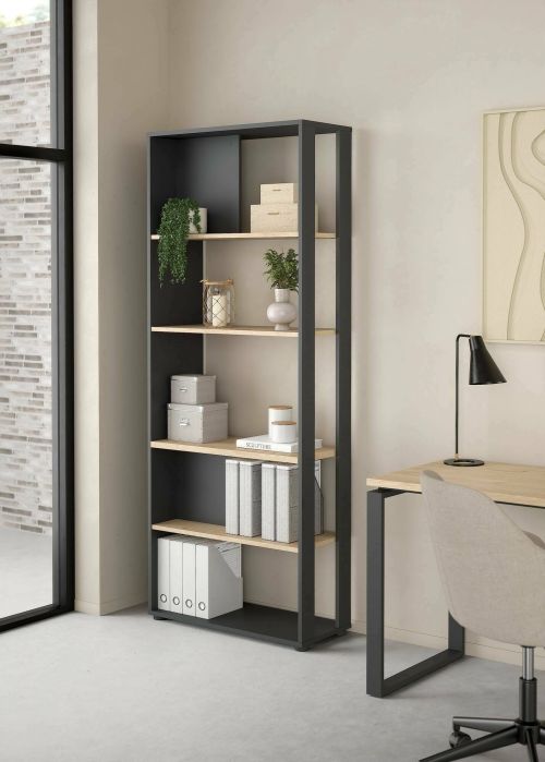 Libreria Colette, Scaffale da ufficio, Mobile portalibri, Biblioteca, 34x80 h205 cm, Rovere e Grigio