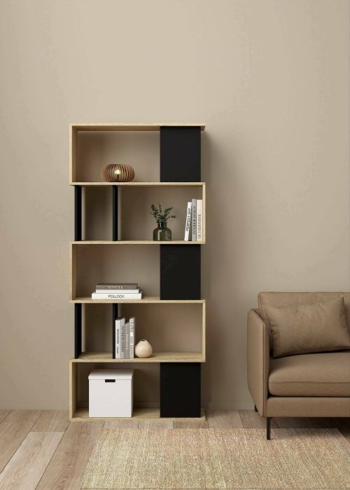 Libreria Coralie, Scaffale da ufficio, Mobile portalibri, Biblioteca, 80x29 h175 cm, Quercia e Nero