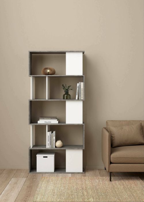 Libreria Coralie, Scaffale da ufficio, Mobile portalibri, Biblioteca, 80x30 h175 cm, Cemento e Bianco