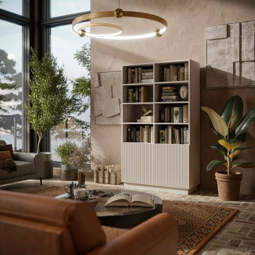 Libreria Evora, Mobile portalibri con vani aperti e due ante, Design moderno e minimale, 172x40 h100 cm, Beige