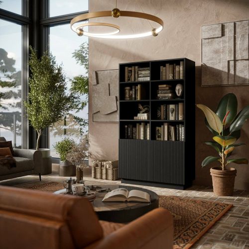 Libreria Evora, Mobile portalibri con vani aperti e due ante, Design moderno e minimale, 172x40 h100 cm, Nero