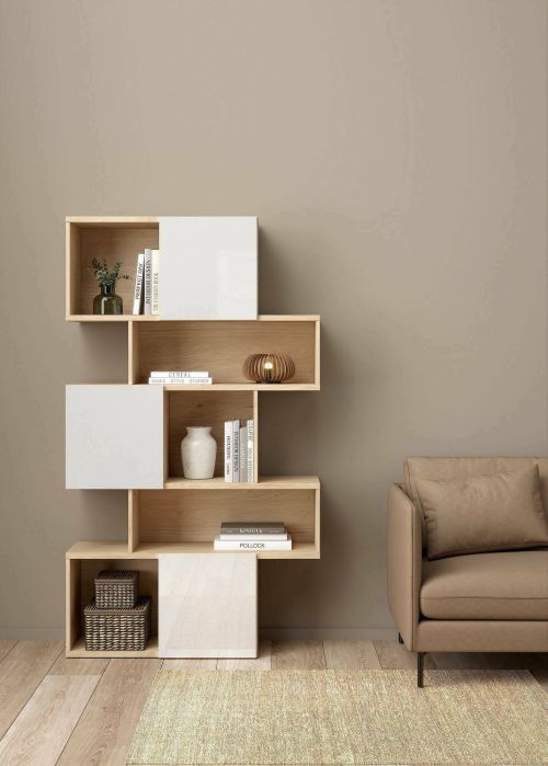 Libreria Flavie, Scaffale da ufficio, Mobile portalibri, Biblioteca, 32x96 h166 cm, Rovere e Bianco