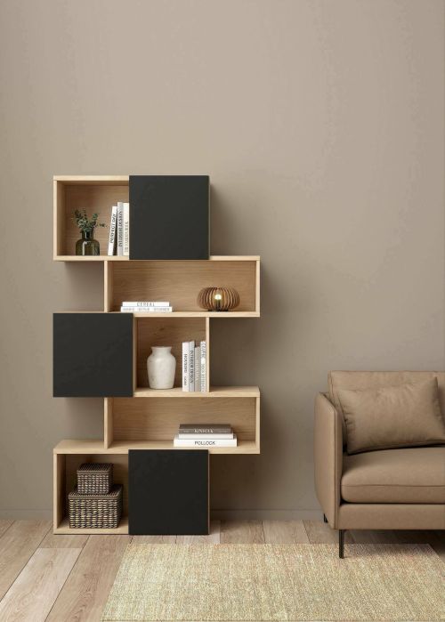 Libreria Flavie, Scaffale da ufficio, Mobile portalibri, Biblioteca, 32x96 h166 cm, Rovere e Nero