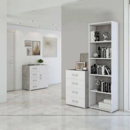 Libreria Girasole, Biblioteca a 4 ripiani regolabili, Scaffale per libri, Mobile da parete con ripiani, 100% Made in Italy, 60x30h195 cm, Bianco e Cemento