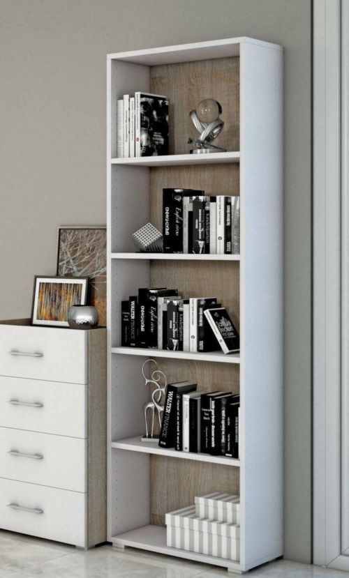 Libreria Girasole, Biblioteca a 4 ripiani regolabili, Scaffale per libri, Mobile da parete con ripiani, 100% Made in Italy, 60x30h195 cm, Bianco e Rovere