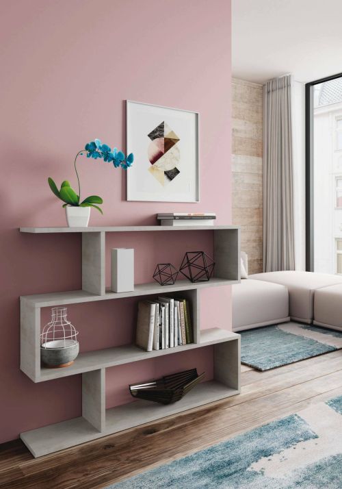 Libreria Hampton, Mobile portalibri bassa bifacciale, Scaffale con tre scomparti, Scaffale moderno da ufficio, 110x24h97 cm, Grigio cemento