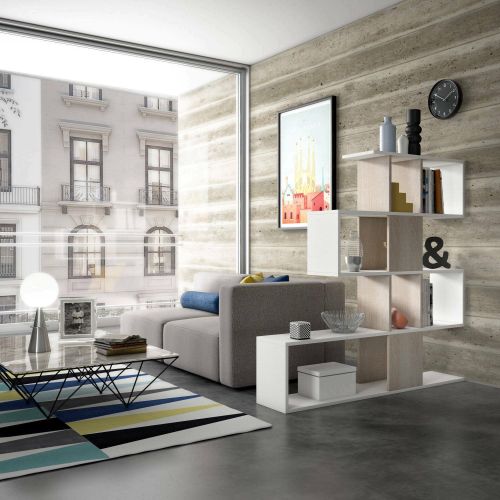 Libreria Hoya, Biblioteca bifacciali a 5 ripiani, Scaffale a zig zag per libri, Mobile da parete con ripiani, 100% Made in Italy, 145x29h145 cm, Bianco e Rovere