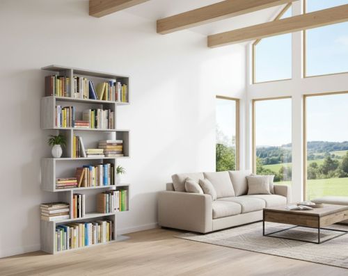 Libreria Joliet, Mobile portalibri alta bifacciale, Scaffale divisorio con 5 ripiani, Scaffale da ufficio moderno, 80x24h192 cm, Grigio cemento