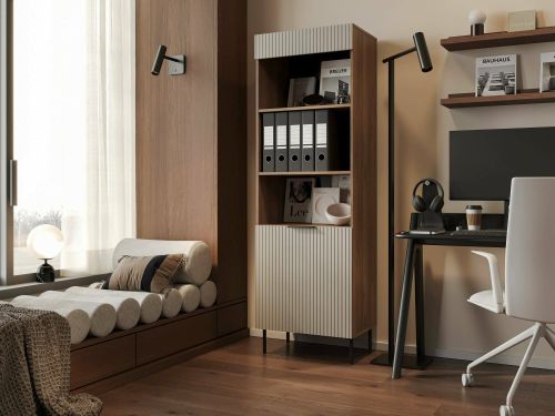 Libreria Lourosa, Mobile portalibri con vani aperti e un'anta, Design moderno e minimale, 185x42 h60 cm, Noce e Beige