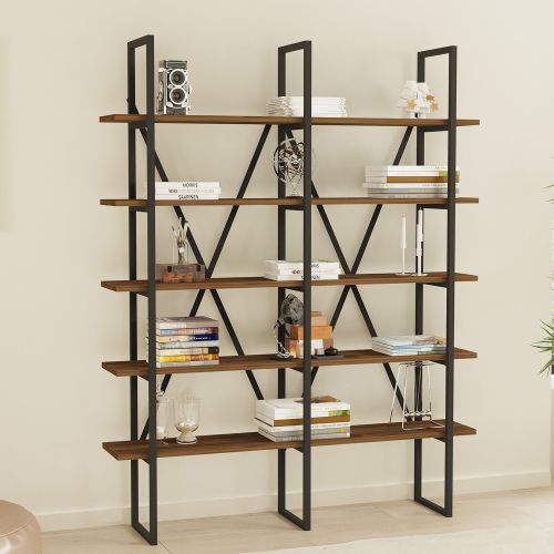 Libreria Marrone Nero 5 Ripiani Installazione Libera 126x26x160h cm, Materiale Struttura in Metallo - Muggio