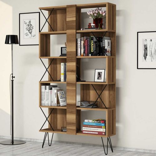 Libreria Marrone Noce 10 Ripiani Installazione Libera 90x22x167h cm, Struttura Verticale - Campagna