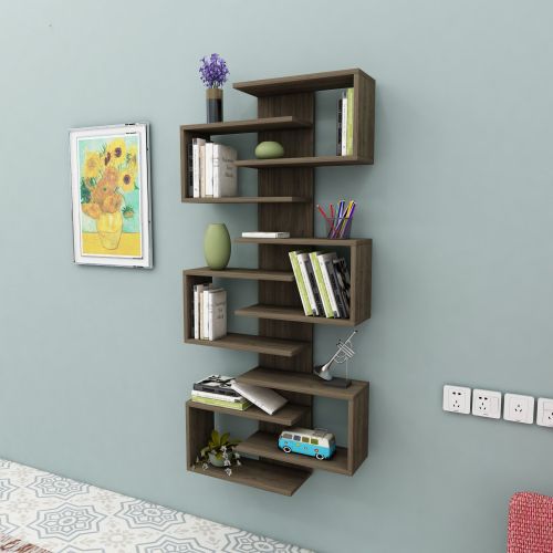 Libreria Marrone Noce 11 Ripiani Installazione Fissaggio al Muro 75x21x161h cm, Sfumatura Colore Struttura Noce - Trenzano