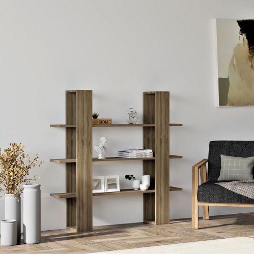 Libreria Marrone Noce 3 Ripiani Installazione Libera 120x23x120h cm, Struttura Verticale - Marenzo