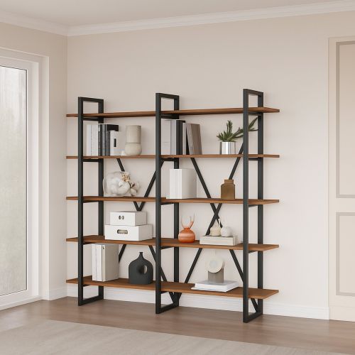 Libreria Marrone Noce 5 Ripiani Utilizzabile Come Divisorio Locale 154.8x34x180h cm, Struttura Bifacciale - Colli