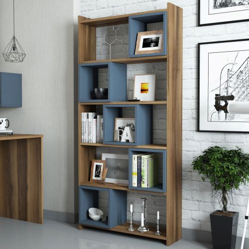 Libreria Marrone Noce blu Ardesia 4 Ripiani Installazione Libera 80x22x170h cm, Sfumatura Colore Struttura Noce - Policoro