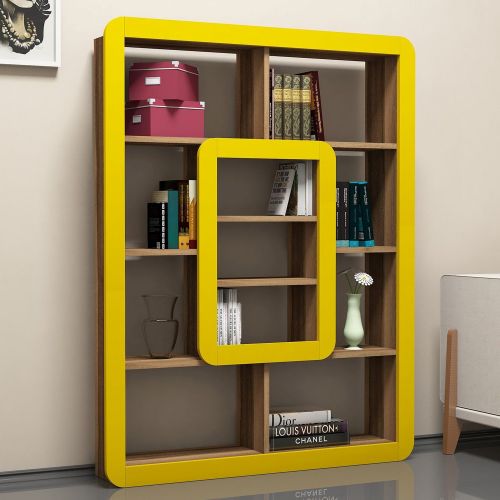 Libreria Marrone Noce Giallo 8 Ripiani Installazione Libera 108x22x140h cm, Sfumatura Colore Struttura Noce - Caltrano