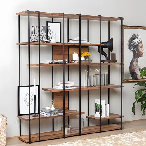 Libreria Marrone Noce Nero 5 Ripiani Installazione Libera 170x35x180h cm, Utilizzabile Come Divisorio Locale - Calogero