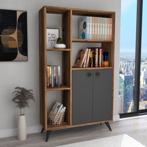 Libreria Marrone Noce Nero Antracite 5 Ripiani 2 Ante 80x25x136h cm, Installazione Libera - Taggia