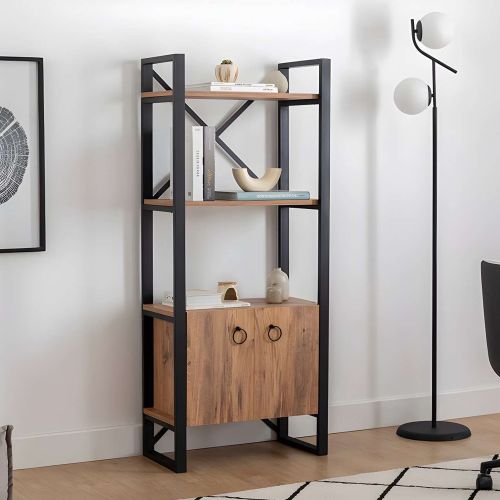 Libreria Marrone Rovere Nero 2 Ripiani 2 Ante 64x32x160h cm, Installazione Libera - Cicciano