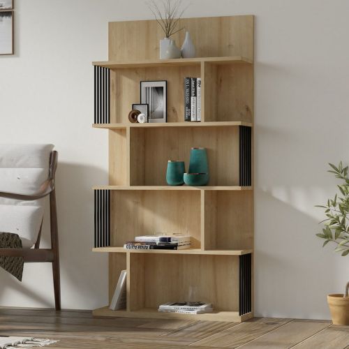 Libreria Marrone Rovere Nero 4 Ripiani Installazione Libera 80x22x160h cm, Sfumatura Colore Struttura Rovere - Pedara