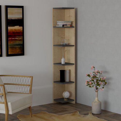 Libreria Marrone Rovere Nero Antracite 5 Ripiani Installazione Libera 25x25x160h cm, Sfumatura Colore Struttura Rovere - Tufillo