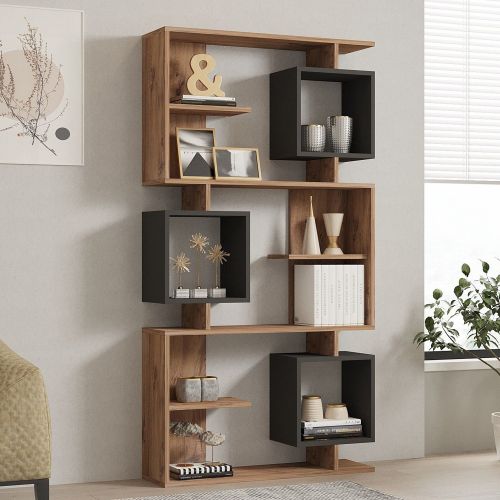 Libreria Marrone Rovere Nero Antracite 8 Ripiani Installazione Libera 90x25x172h cm, Sfumatura Colore Struttura Rovere - Cergnago