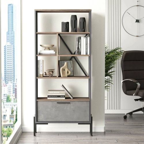 Libreria Musica, Scaffale da ufficio, Mobile portalibri, Biblioteca, 76x45 h161 cm, Marrone e Grigio