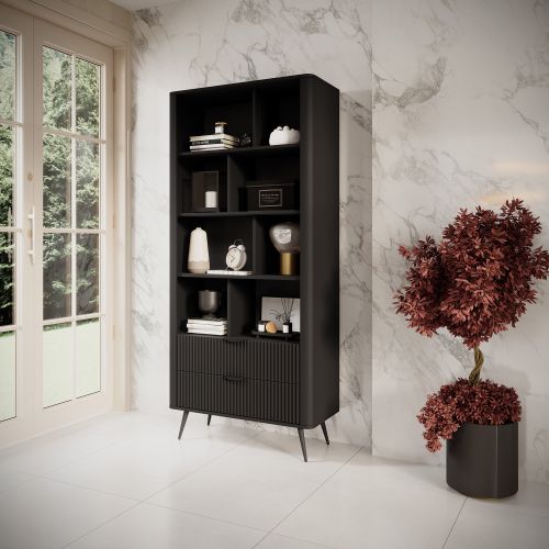 Libreria Nero 2 Cassetti 4 Ripiani 88x38x194h cm, con Piedini - Kabavasi