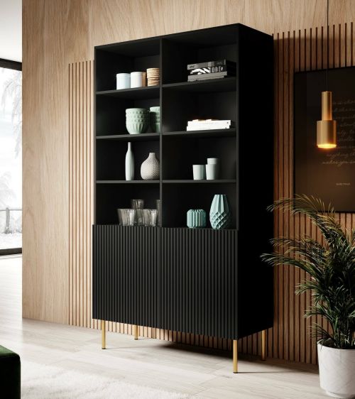Libreria Nero oro un Ripiano Piedini oro 100x42x177h cm, 2 Ante - Maierato