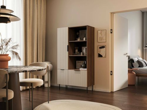 Libreria Odivelas, Mobile portalibri con vani aperti e tre ante, Design moderno e minimale, 165x42 h90 cm, Noce e Beige