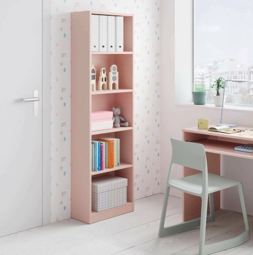 Libreria Pomona, Mobile portalibri alta a 5 ripiani, Scaffale da ufficio o cameretta, Scaffale moderno con scomparti, 52x25h180 cm, Rosa